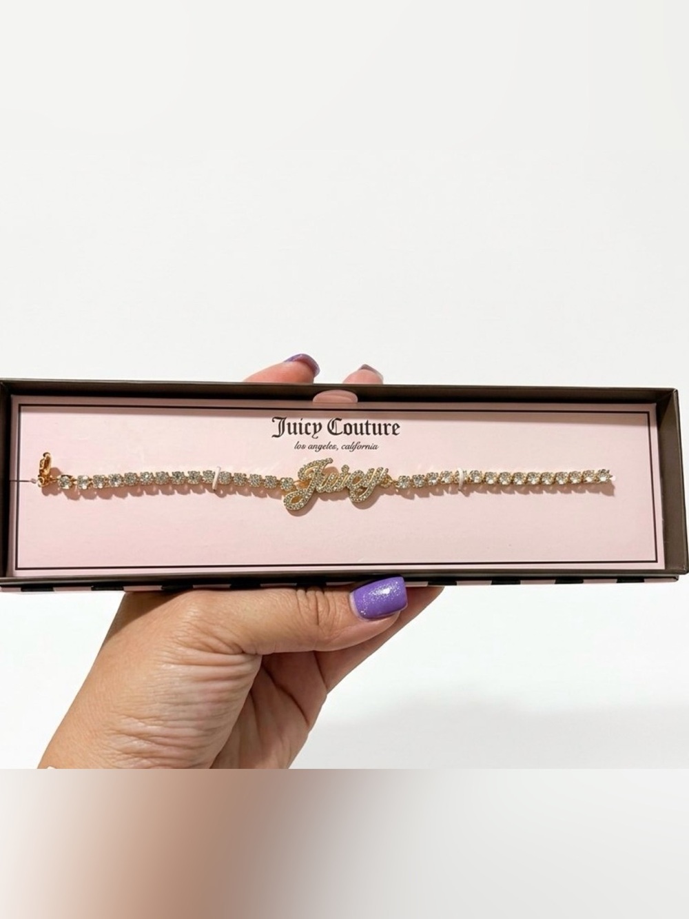 NWT Juicy Couture Crystal Tennis Bracelet with Signature Script Logo Gold